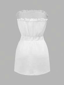 Swim Vcay 女士夏季沙滩纯色荷叶边腰部纹理度假连衣裙 - 白色 - 查看 9