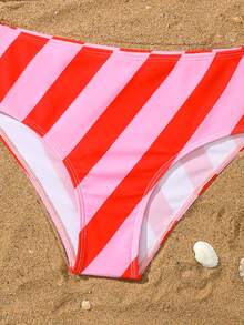 Tween Girls Striped Bikini Sets, Casual Polyester Triangle Swimsuit For Summer Vacation, Beach, Holiday - Red - View 5