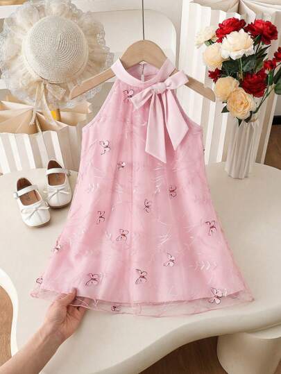 SHEIN Young Girl Embroidered Mesh Sleeveless Pullover Dress