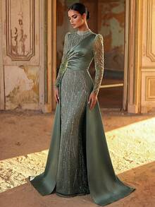 Aureia Đầm maxi dáng đuôi cá sang trọng, đính cườm, thêu sequin, tay voan mỏng, chất liệu satin, thích hợp cho đám cưới, tiệc tùng, kỳ nghỉ, dạ hội và các sự kiện trang trọng (được trang trí cầu kỳ). - màu xanh lá - Xem 7