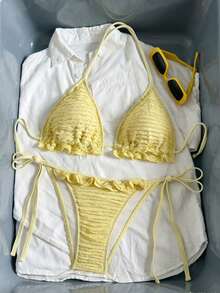 SHEIN Swim Mod Women's 2-Piece Summer Beach Swimsuit, Special Textured Halter Neck Tie Top And Ruffled Side Tie Bottoms Bikini Set Summer Outfit For Women Swimwear Bikinis For Women Sets - Yellow - View 2