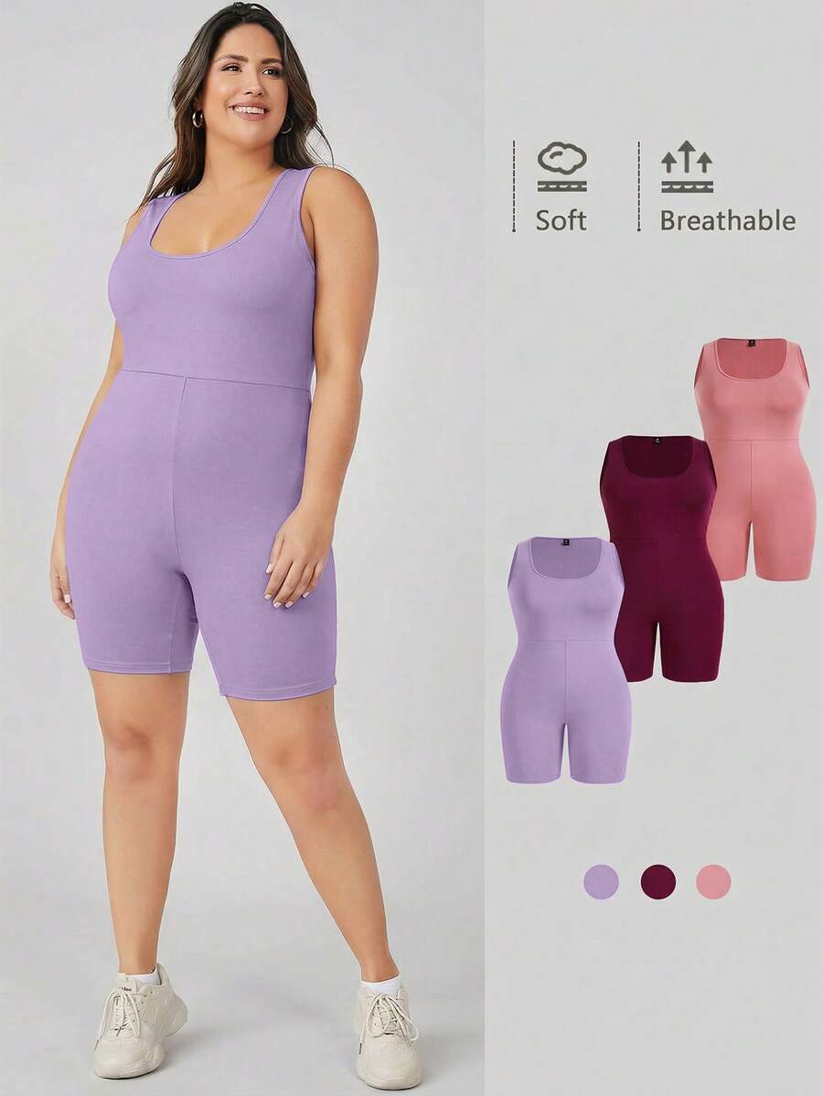 SHEIN BASICS 大尺碼女款素色休閒日常連身褲夏季女裝套裝 - 紫色 - 查看 1