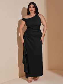SHEIN BAE Plus Size Women Green Asymmetrical Shoulder Dress - Black - View 7