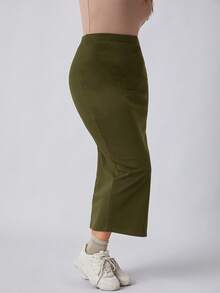 SHEIN BASICS 大码女式纯色休闲百搭约会外出A字裙 - 軍綠色 - 查看 4