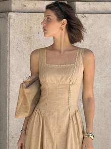 Siren Gaze Women's 100% Cotton Sleeveless Elegant Solid Color Square Neck Flared Midi Dress,Casual Summer Splice Lace Trim Hem Tea Party Old Money Chic Outfits - Camel - View 14