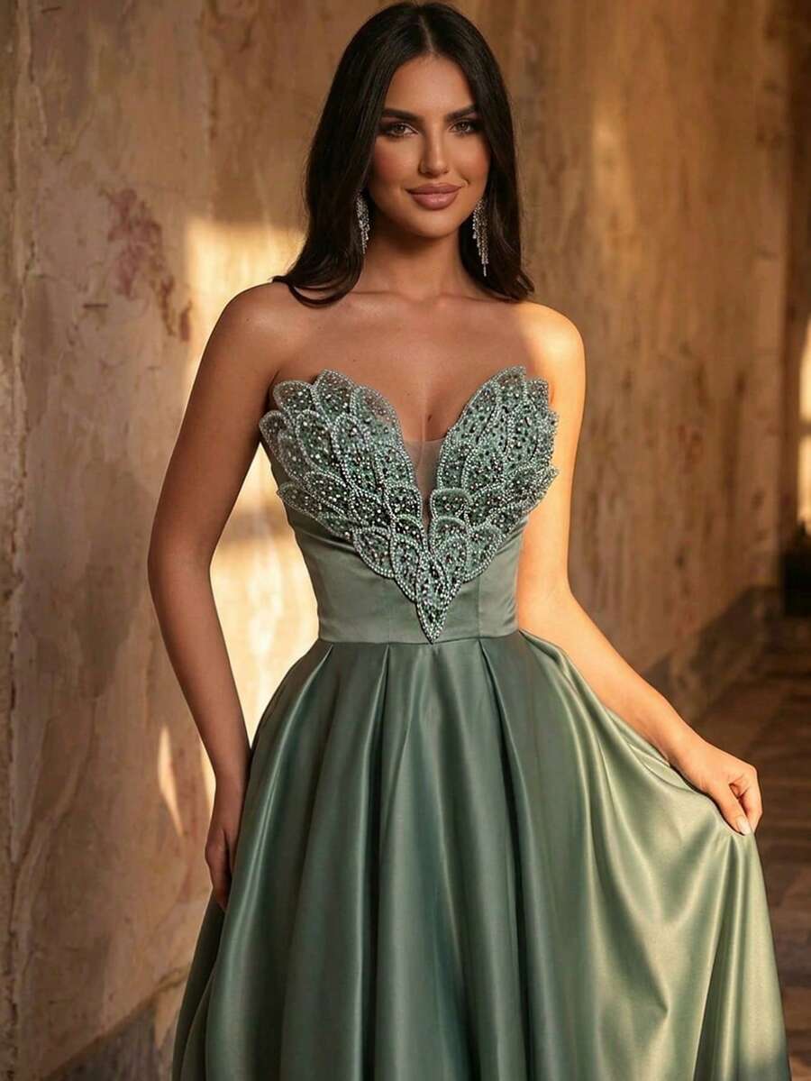 Glamrae Vestido de corpiño con cuentas, lentejuelas y bordados elegante y lujoso con bajo acampanado, adecuado para bodas, eventos, fiestas, vacaciones, galas y ocasiones formales (muy recargado) - Verde hierba - Ver 1