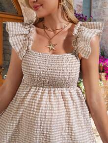 SHEIN Đầm bầu kẻ caro cổ vuông tay ngắn, thích hợp cho mùa hè. - Màu Khaki - Xem 5