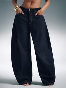 Barrel Leg Adjustable Waist Jeans Barrel Jeans Fashionable Denim - Dark Wash - View 3