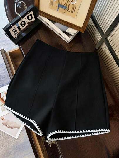  Franclia 2026 Spring Summer Black Shorts With White Shell Edge Trim, Women Romantic Date Shorts, Women Elegant Shorts, Women Shell Edge Shorts, Women Black Shorts, Women White Shorts, Black And White Shorts, A-Line Slim Wide Leg Suit Casual Shorts, Minimalist Designer Embroidered Trim Shorts, Daily Commute Shorts, Women Casual Shorts, French Minimalist Shorts, Versatile Elegant Shorts, Off White Shorts, Black And White Two-Tone Shorts, All Season Shorts For Women, Elegant Shorts, Women Formal Shorts, Women Office Business Social Career Shorts, Ruffle Shorts, Festival Shorts, Elegant Party Shorts, Beach Shorts, Luxury Shorts, Women Wedding Guest Shorts, Black Mini Shorts, Black Hot Pants,Shell Trim Shorts,Scalloped Edge Shorts