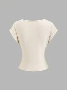 Sweetra Áo kiểu trễ vai cổ yếm thanh lịch, đa năng, màu mơ, dáng ôm, thích hợp cho kỳ nghỉ hè và đi làm, thiết kế tối giản nữ tính. - Màu be - Xem 2