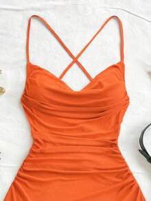 Soleia 女士度假吊带迷你连衣裙，深V领，露背，蝴蝶结，鱼尾裙摆，性感风格，迷你裙，及膝长度，购物，浪漫，约会，海滩装扮，网纱，年轻，少女风 - 橘色 - 查看 4