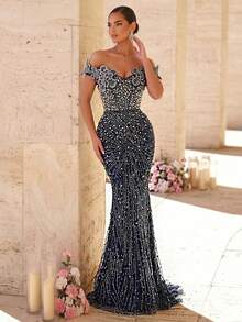 Glamrae Elegant Luxurious 3D Floral Faux Pearl Rhinestone Embroidered Mermaid Dress,Heavy Embroidery Off Shoulder Gown For Parties,Balls,Galas & Events - Blue - View 8