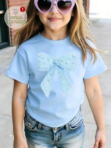 Spring And Summer Casual Fashionable Creative Personalized Fresh Elegant Minimalist Blue Faux Pearl Bow Design Print Basic Blue Short T-Shirt, Comfortable Daily Wear For Tween Girl, Suitable For Spring, Summer And Autumn - Blue - View 7