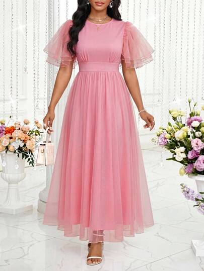 SHEIN Lady Đầm hè nữ màu trơn cổ tròn, thắt eo, dáng dài ngang gối, thanh lịch.