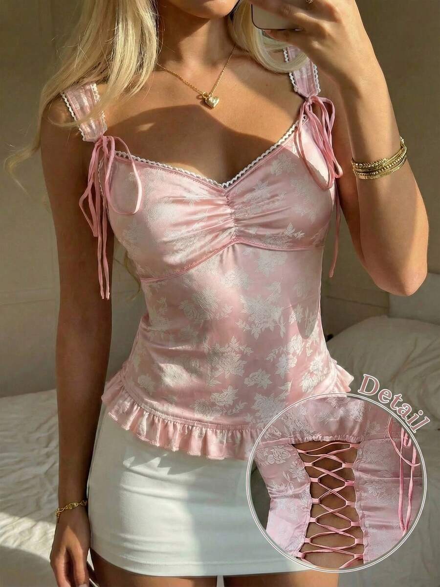 CovetEZ Áo nữ dáng ôm màu hồng nhạt kiểu cổ điển, chất liệu vải jacquard màu macaron, ren vintage, dây đeo vai có thể điều chỉnh và chun lưng, phối ren tinh tế, kiểu dáng ôm sát tôn dáng. - Hồng - Xem 1