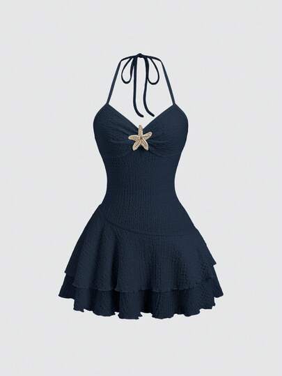 Sweetra Đầm dạ hội nữ mùa xuân/hè màu mơ, kiểu dáng lãng mạn mới, cổ yếm buộc dây, đính sao vàng, dáng chữ A, hai lớp bèo nhún, thích hợp cho tiệc trà chiều và dã ngoại.