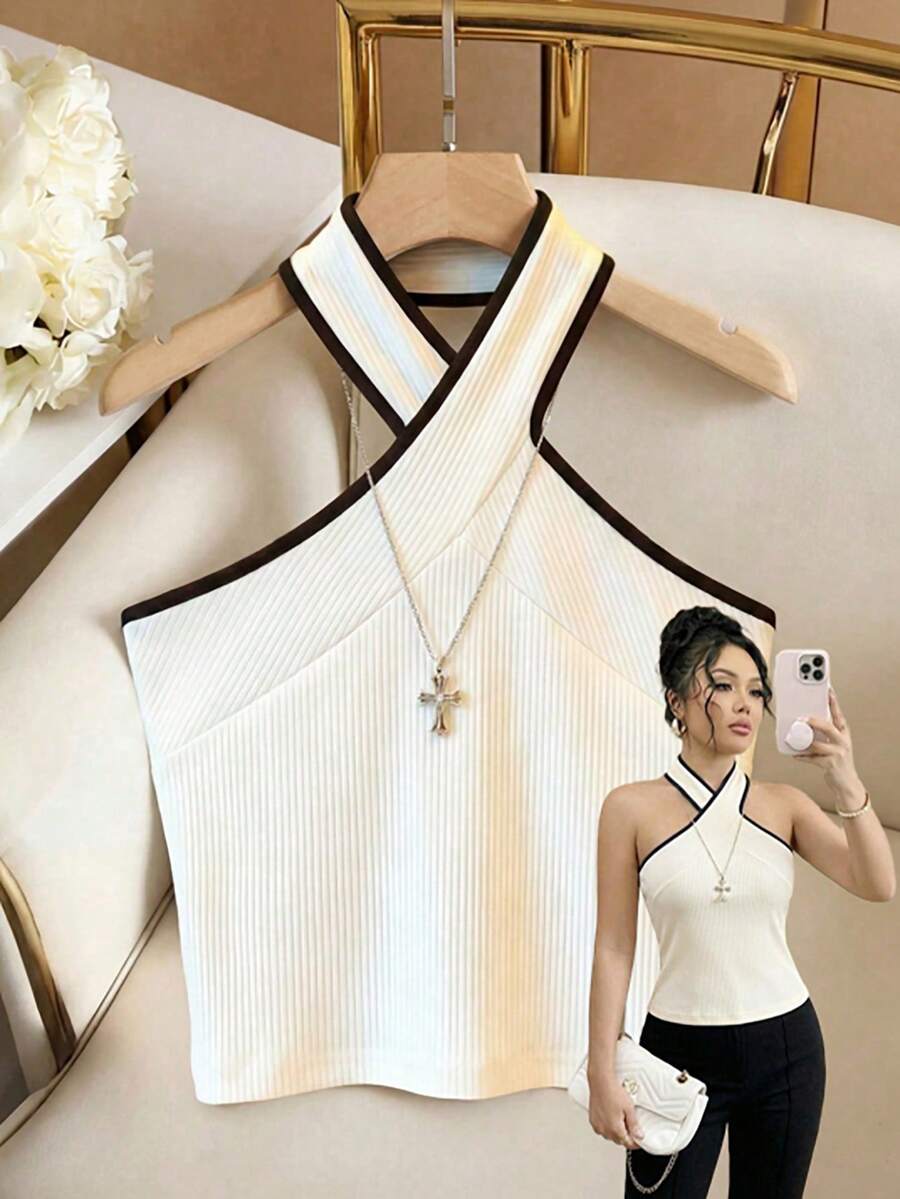 Franclia This Elegant And Versatile Black And White Color-Blocked Halter-Neck Vest Is Made Of High-Elastic Knit Ribbed Fabric. The Elegant Design Is Suitable For Winter, Summer, Spring, Easter, Romantic Dates, Beaches, Weddings, Birthdays, Outings, Casual Wear, Vacations, Graduation Season, And More. (Summer Tops, Summer Holiday Outfits, Women's Spring Outfits, Spring Break Outfits, Easter Clothing, Women's Easter Attire, Women's Easter Clothing, Women's Clothing, Elegant Women's Tops, Women's Vacation Outfits, Women's Casual White Tops, White Vests, Color-Blocked Vests, Back-To-School Vests)Graduation Season Attire, Fashionable Casual Commuter Wear, Business Office Wear, Versatile And Stylish Everyday Casual Wear, Urban Teacher's Professional Attire - Black and White - View 1