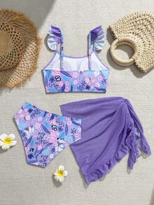 SHEIN 少女热带植物印花比基尼套装 - 紫色、粉色、白色、蓝色细肩带荷叶袖上衣，花卉印花三角泳裤，配套纱笼，带胸垫，款式保守舒适，时尚泳装，适合夏季度假、泳池、冲浪等场合。 - 紫色 - 查看 2