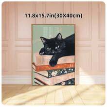 1幅无框黑猫爱书人海报墙画，帆布油画，书堆图案，书虫艺术画，适用于客厅、公寓、家居装饰 - 彩色 - 查看 7