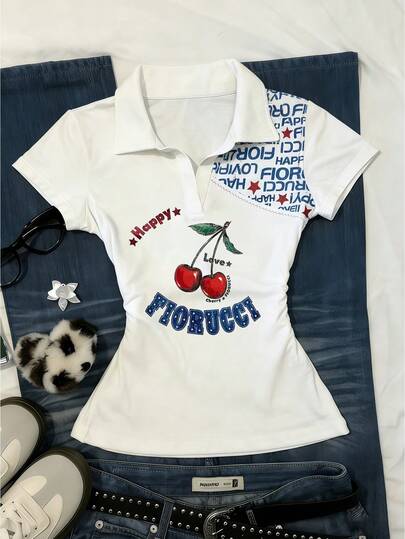 Glimmora Women's Cherry Letter Print Casual Versatile Daily Wear Short Sleeve T-Shirt