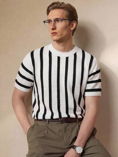 Manfinity CityGents Camiseta casual de punto de cuello redondo y manga corta con rayas, para verano