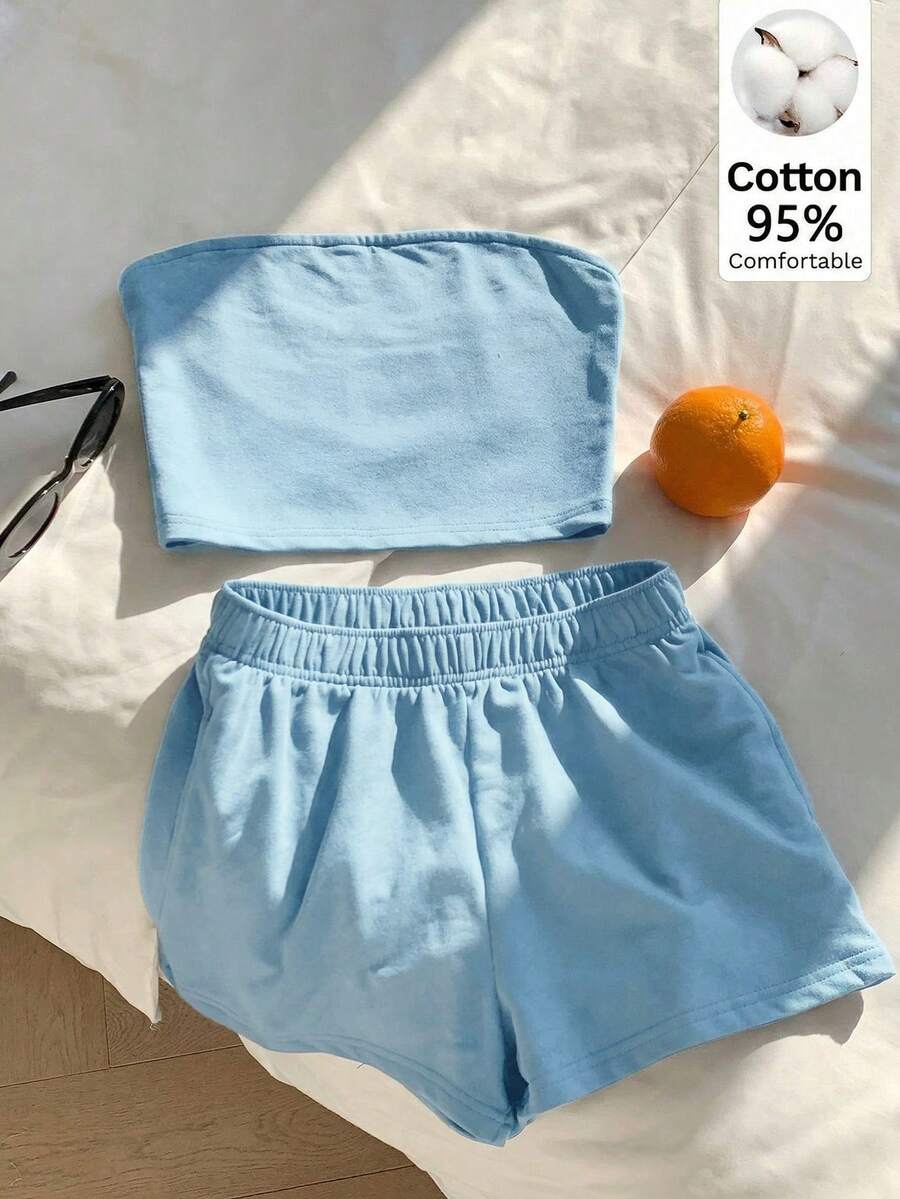 Comfortcana 95%纯棉天蓝色两件套女装，适合度假、毕业季、夏季上衣、日常通勤、约会、聚会、秋冬季、圣诞节、新年、感恩节、派对、婚礼、海滩、毕业典礼等场合，时尚、优雅、休闲、外出、约会、预订、通勤、闪亮、情人节、优雅、度假、休闲、Y2K、外出、毕业典礼等场合。 - 藍色 - 查看 1