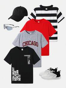 SHEIN Little Byeori 买三送一，4件/套，适合青少年男孩穿着，舒适实惠，休闲百搭，可爱条纹口袋圆领短袖T恤，适合春夏穿着，日常穿着，运动，外出，上学，聚会，节日，拍照，返校季 - 彩色 - 查看 5