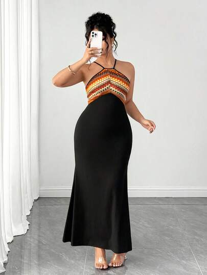 Elenzga Đầm cỡ lớn phối màu, hở lưng, dáng đuôi cá, xẻ tà.