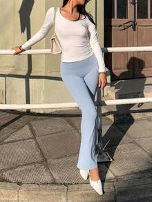 SHEIN Unity Women's Solid Color Casual Skinny Flare Pants,Versatile Daily Wear Blue Leggings,Summer Beach Holiday Outfits,Sportswear Workout Sets For Women - Baby Blue - View 2