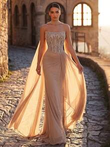 Elitara Elegant Luxurious Beaded Sequin Puff Ball Splice Elastic Knit Ruched Ruffle Hem Slit Fishtail Skirt With Halter, Suitable For Wedding, Party, Vacation, Prom, Evening Gown - Apricot - View 4