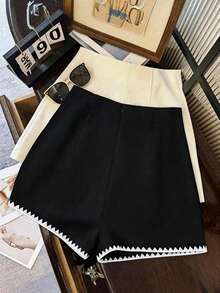 SHEIN Franclia Pantaloncini neri da donna con bordo bianco a conchiglia, pantaloncini romantici da appuntamento, pantaloncini eleganti da donna - Bianco e nero - Visualizzare 2