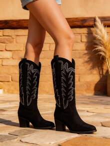 Botas Alta de Piel Estilo Western – Diseño Elegante y Versátil para Uso Diario - Negro - Ver 1