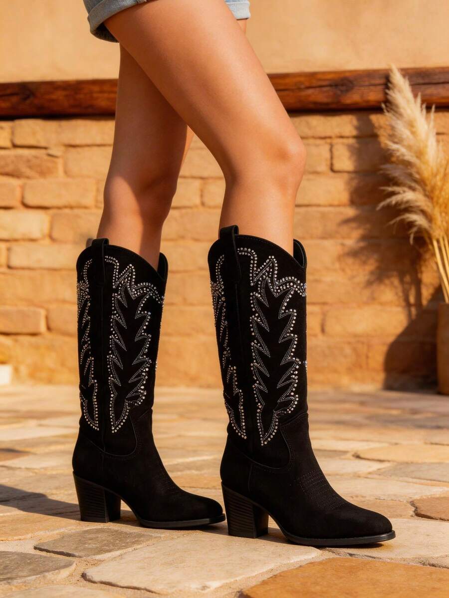 Botas Alta de Piel Estilo Western – Diseño Elegante y Versátil para Uso Diario - Negro - Ver 1
