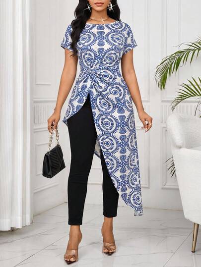 SHEIN Lady Women's Vacation Plant Pattern Round Neck Short Sleeve Asymmetric Hem Casual Shirt
