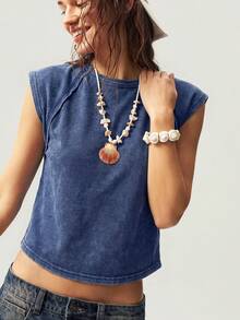 Bohemela Solid Color Knit Crew Neck Fitted Washed T-Shirt For Women,Summer Top - Navy Blue - View 7