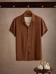 Core Aspect Men's Solid Color Short Sleeve Single-Breasted Casual Shirt Brown Beach Shirt Shirts For Men Casual Vintage Outfit For Men/Men's Casual Brown Collared Short Sleeve Shirt With Unique Textured Fabric For A Modern Look/Short Sleeve Shirt Men/Brown Casual Shirt - Brown - View 5