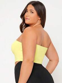 SHEIN BASICS Plus Size Women Solid Color Cropped Bandeau Top Yellow Tops For Woman Curve Outfit Crop Strapless - Pale Yellow - View 2