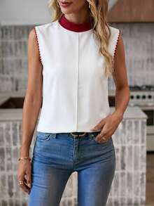 SHEIN LUNE Áo thun nữ cổ thêu họa tiết, chất liệu cotton nguyên chất, kiểu dáng thường ngày, đa năng. - Nhiều màu - Xem 6