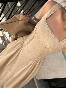 Siren Gaze Women's 100% Cotton Sleeveless Elegant Solid Color Square Neck Flared Midi Dress,Casual Summer Splice Lace Trim Hem Tea Party Old Money Chic Outfits - Camel - View 10