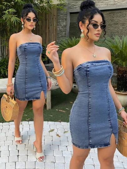 Vestido Corto Mini de Mezclilla para Mujer Denim vaquero strapless hombros descubiertos Sin Tirantes con Abertura Alta en pierna ajustado ajustable strech costuras contraste deslavado cómodo fresco ligero moderno juvenil asiluetado y2k aesthetic casual urbano diario día noche salida calle antro fiesta concierto música festival EDC Vive Latino