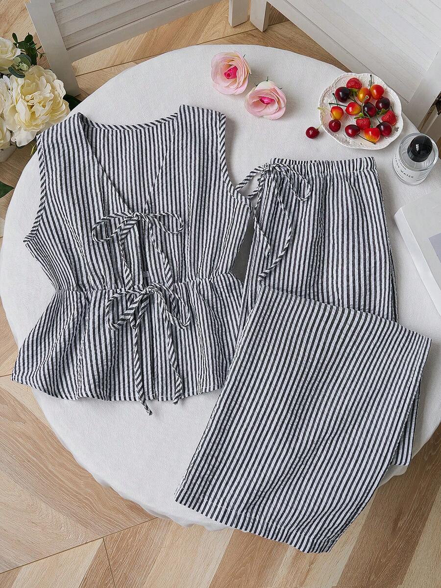 Sweetra 2 件套欧美夏季新款粉色条纹抽绳简约百搭直筒裤，女士街头风套装 - 藏蓝色 - 查看 1