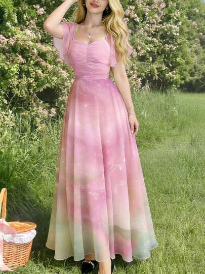 Modelyn Purple-Pink & Green Ombre Dreamy Fluid Art Print Dress, Fashion Square Neck Ruffle Sleeve Design, Waist Cinched Long Elegant Dress, Suitable For Summer Vacation & Daily Wear