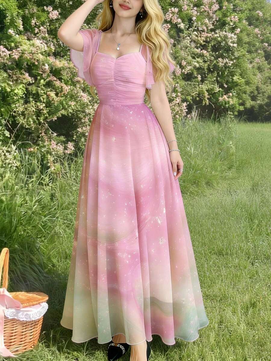 Modelyn 紫粉绿渐变梦幻流沙艺术印花连衣裙，时尚方领荷叶袖设计，收腰长款优雅连衣裙，适合夏季度假和日常穿着。 - 彩色 - 查看 1