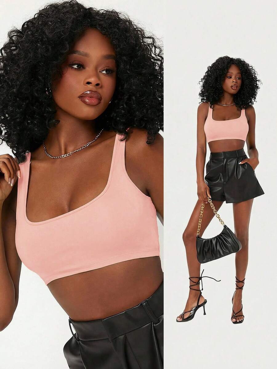 SHEIN BASICS 女士纯色露脐修身性感吊带背心 - 粉色 - 查看 1