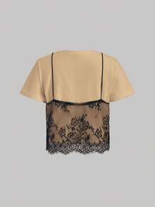 SHEIN MOD Áo thun croptop cổ tròn phối ren 2 trong 1 màu mơ hè 95% - Màu be - Xem 4