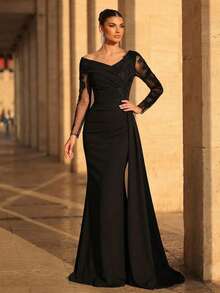Elegant Luxurious Pearl, Rhinestone Embroidered Lace Patchwork Elastic Ruched Mermaid Skirt With Side Slit Sheer Sleeves, Suitable For Wedding, Party, Holiday, Bridal, Mother Of The Bride Evening Gown - Black - View 7