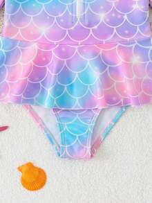 Young Girls Round Neck Raglan Sleeve Zipper Ruffle One-Piece Swimsuit - Multicolor - View 3