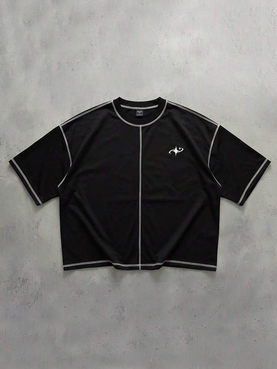 ROMWE MEN Men's Contrast Color Loose Fit Short Sleeve T-Shirt - Black - View 1