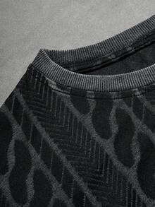 Manfinity EMRG Men's Acid Wash Summer Dark Grey Black Short Sleeve T-Shirt Chain Cable Knit Pattern Print Cotton Crew Neck Top Vintage Streetwear Textured Graphic Casual Going Out Minimalist Dark Aesthetic Breathable Loose Fit Oversized Drop Shoulder Soft Comfortable,Men's Striped Crew Neck Short Sleeve Casual Versatile T-Shirt - Black - View 6