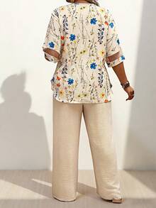 Momelise Plus Size Summer Women's Floral Printed Lace Mesh Sleeve Top And Pants Two Pieces Set,Summer Vacation Casual Two Pieces Set Gym Brown - Apricot - View 2